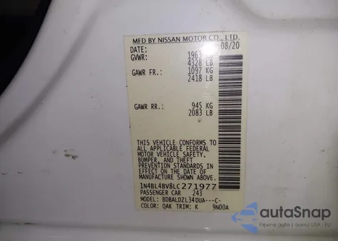 2020 Nissan Altima S Fwd from USA, damaged, VIN 1N4BL4BV8LC271977